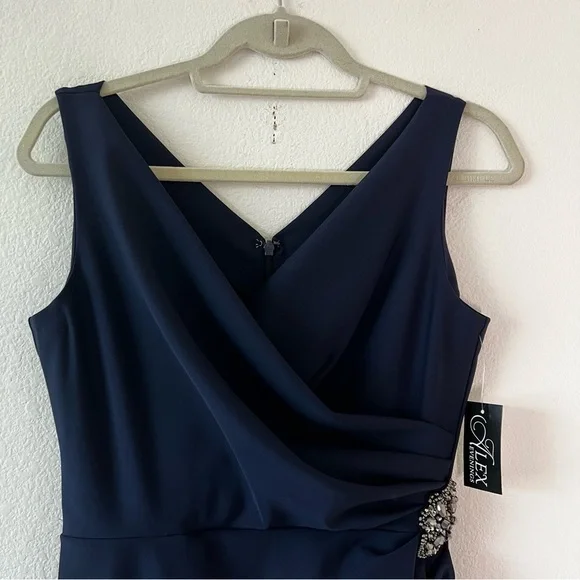 NWT Alex Evenings Navy Side Drape Tulip Hem Column Gown Size 4 Embellished